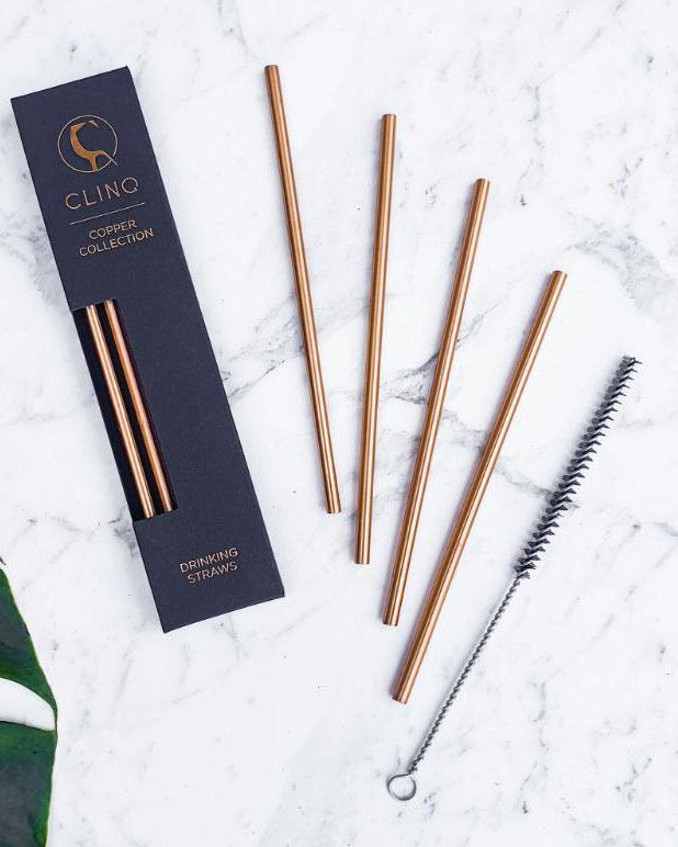 Clinq Copper Straw & Brush Set of 4 - Copper Straw & Brush Set - Sans Drinks