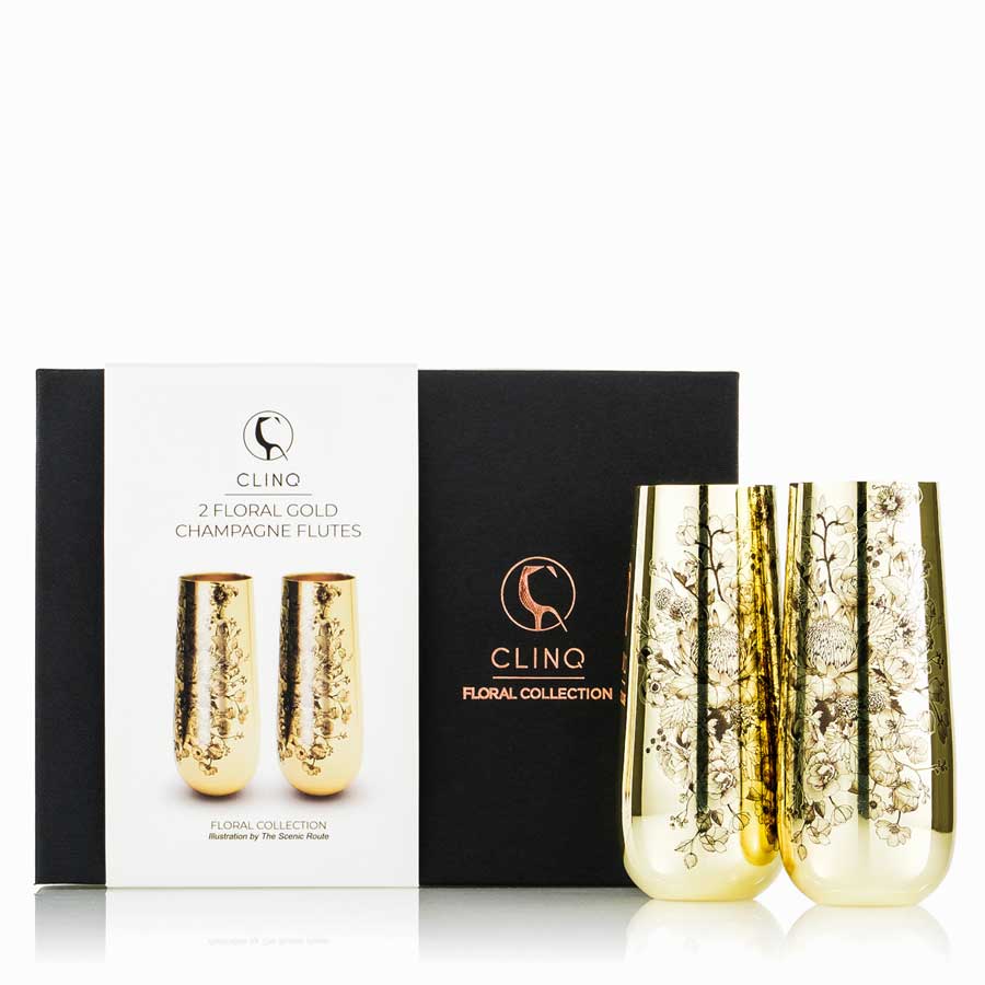 Clinq Floral Gold Champagne Flutes (Pair of 2) - Champagne Flutes - Sans Drinks